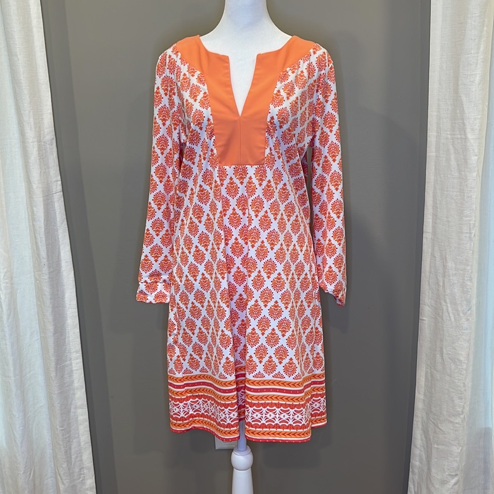 Cabana Life Orange and White Printed Long Sleeve Tunic Dress